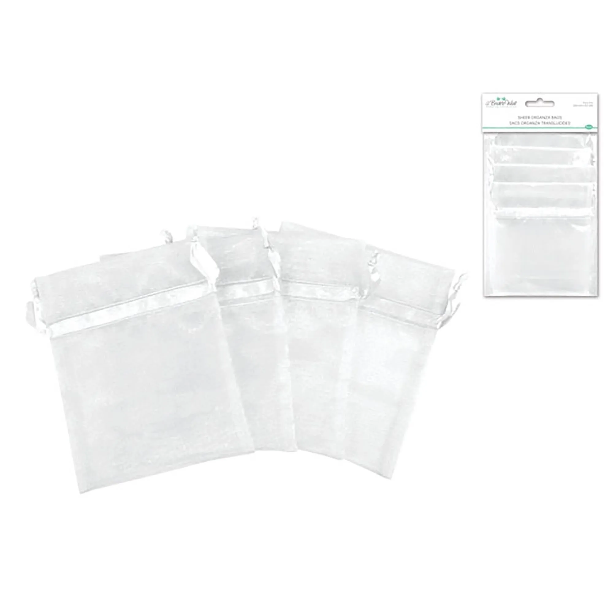 4 Sheer White Organza Bags with Ribbon String 4x5in