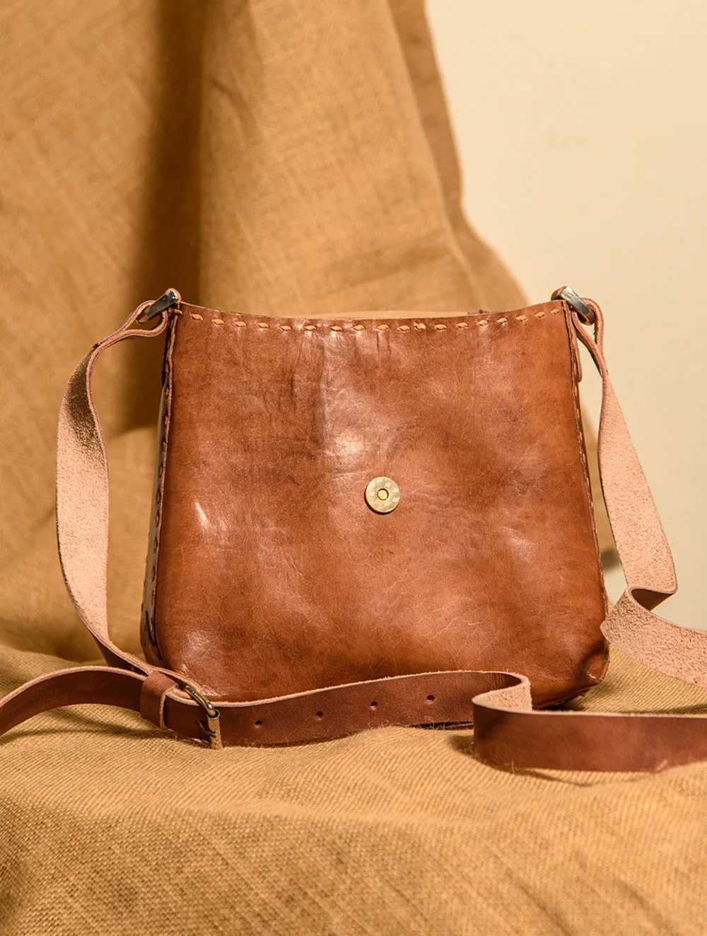 Handcrafted Jawaja Leather Bag with Cloth Woven Patch