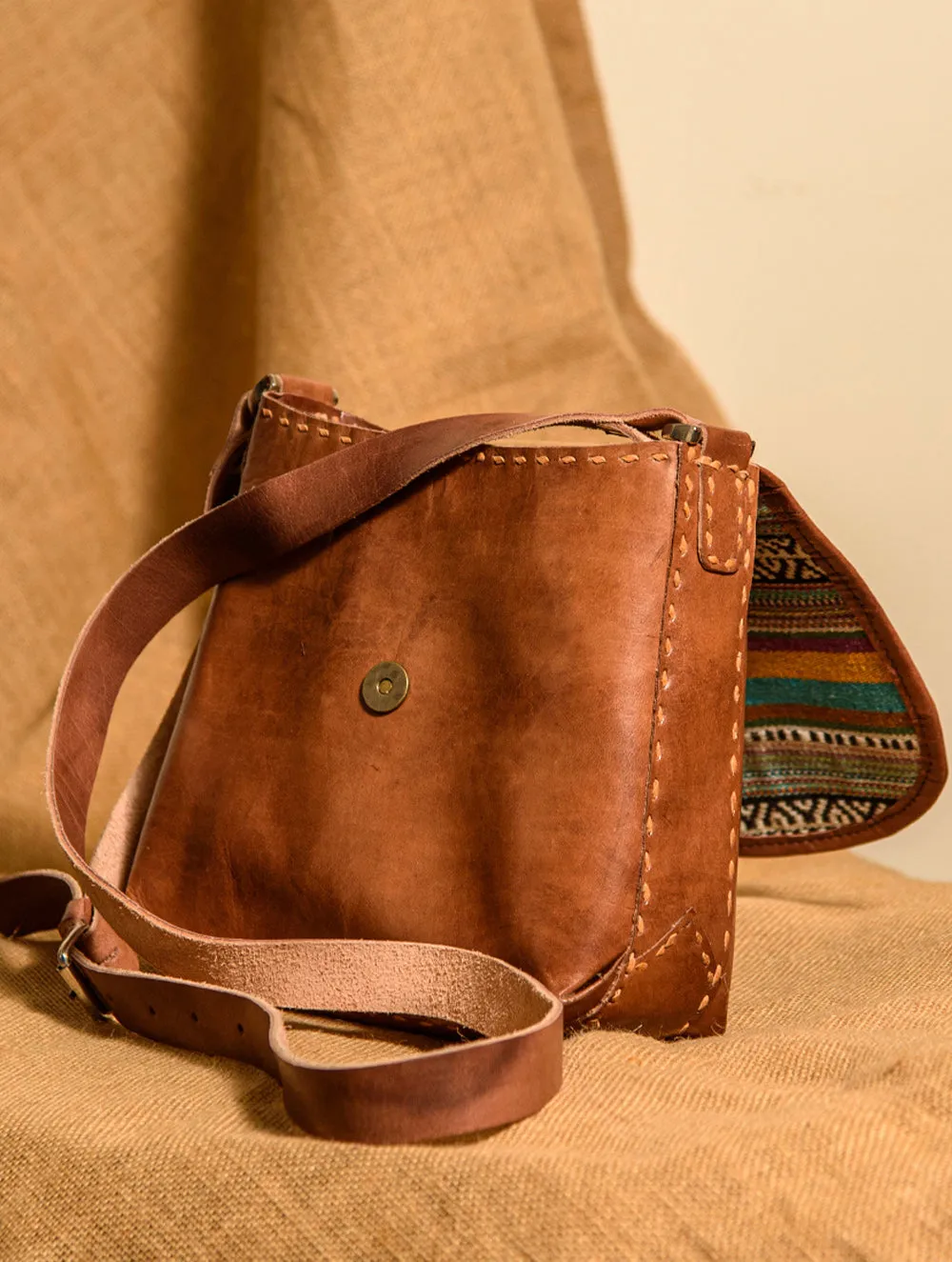 Handcrafted Jawaja Leather Bag with Cloth Woven Patch