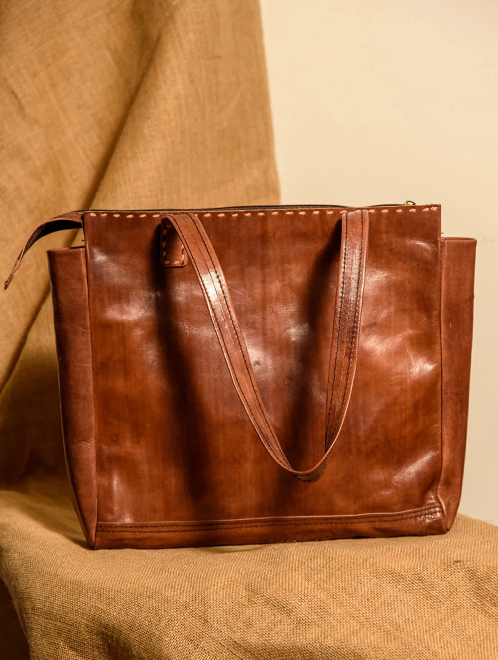 Handcrafted Jawaja Leather Tote Bag with Patchwork
