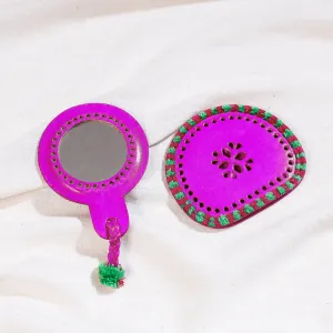 Handcrafted Kutch Leather Hand Mirror with Pouch