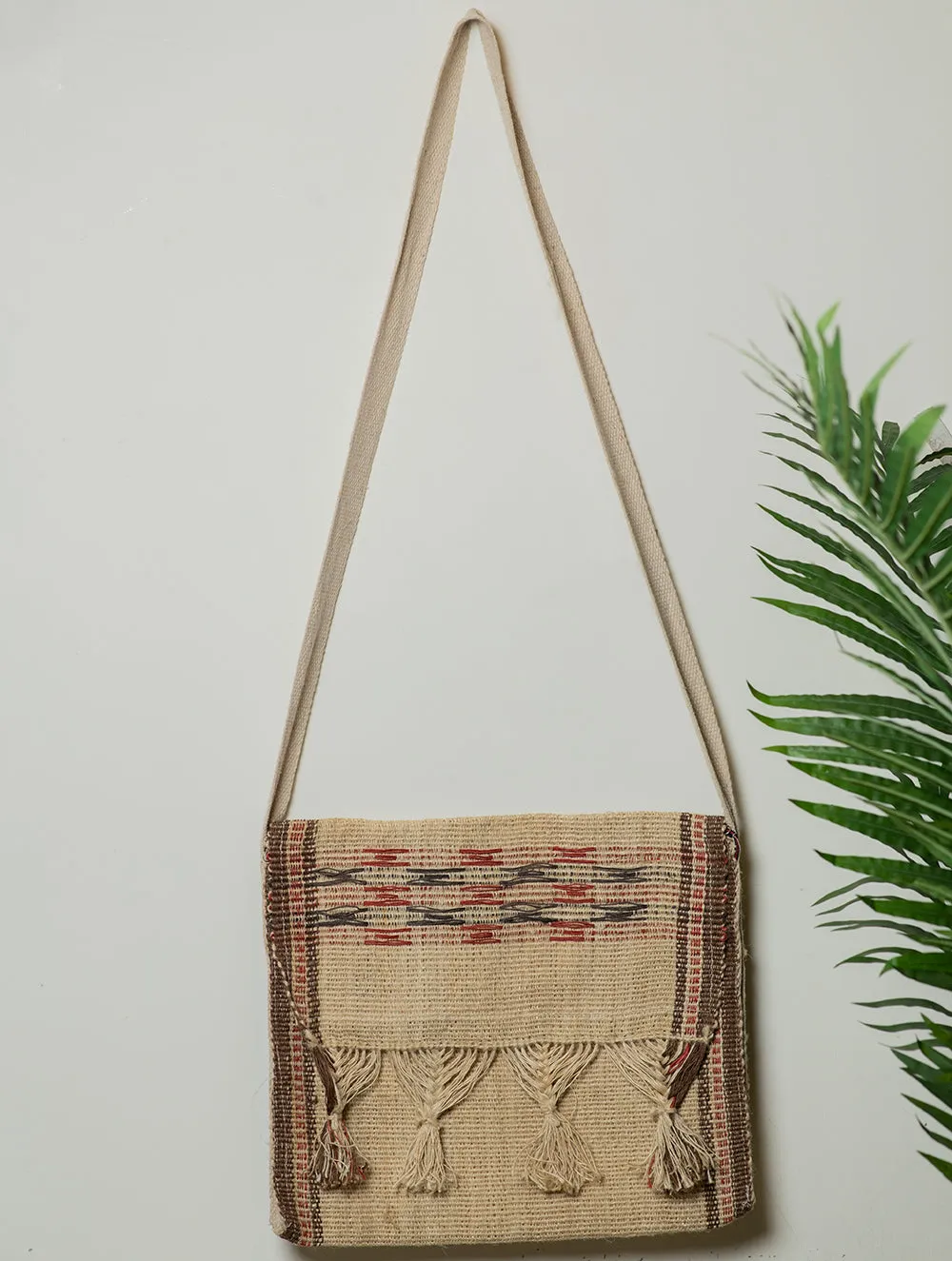 Handwoven Jute Sling Bag With Tassles - Geometrics