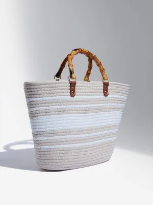 LOV White & Beige Woven Textured Hand Bag