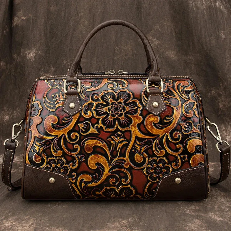 Motaora Luxury Handmade Genuine Leather Retro Floral Handbag.