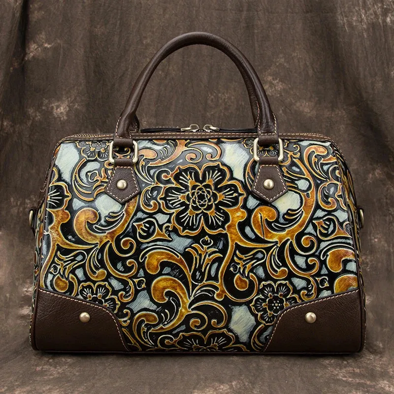 Motaora Luxury Handmade Genuine Leather Retro Floral Handbag.