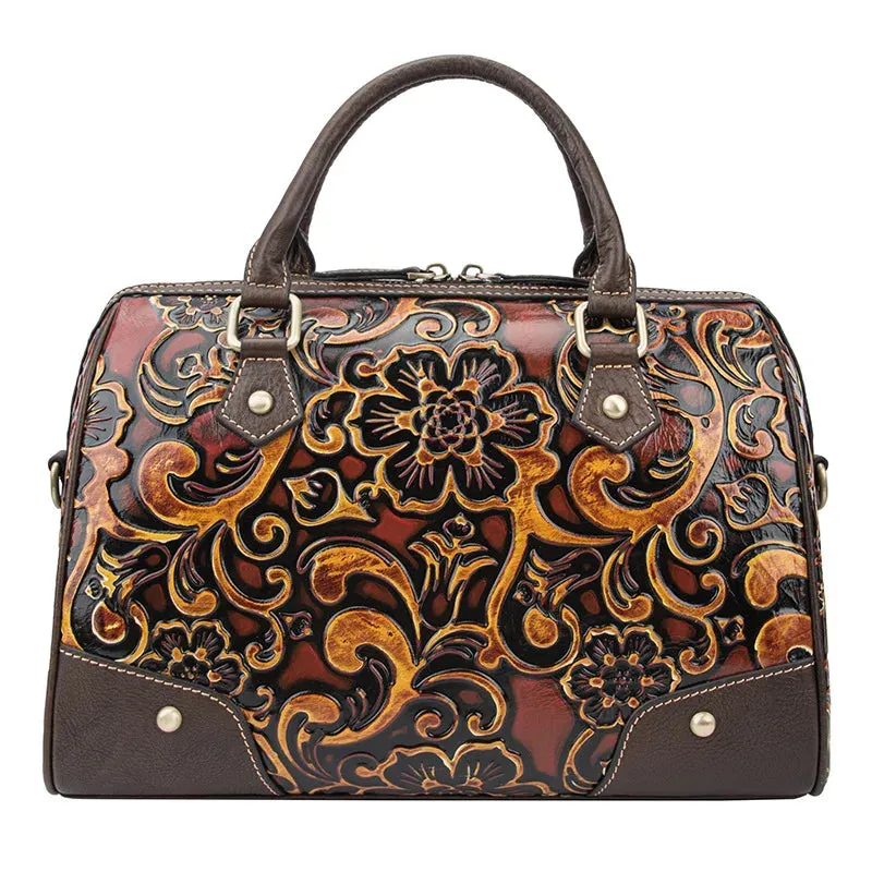Motaora Luxury Handmade Genuine Leather Retro Floral Handbag.