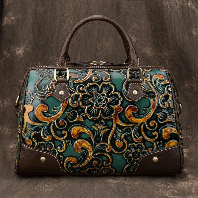 Motaora Luxury Handmade Genuine Leather Retro Floral Handbag.