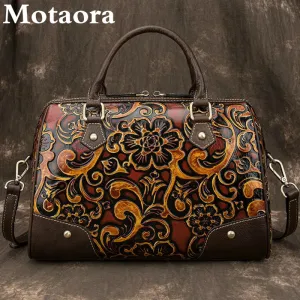Motaora Luxury Handmade Genuine Leather Retro Floral Handbag.