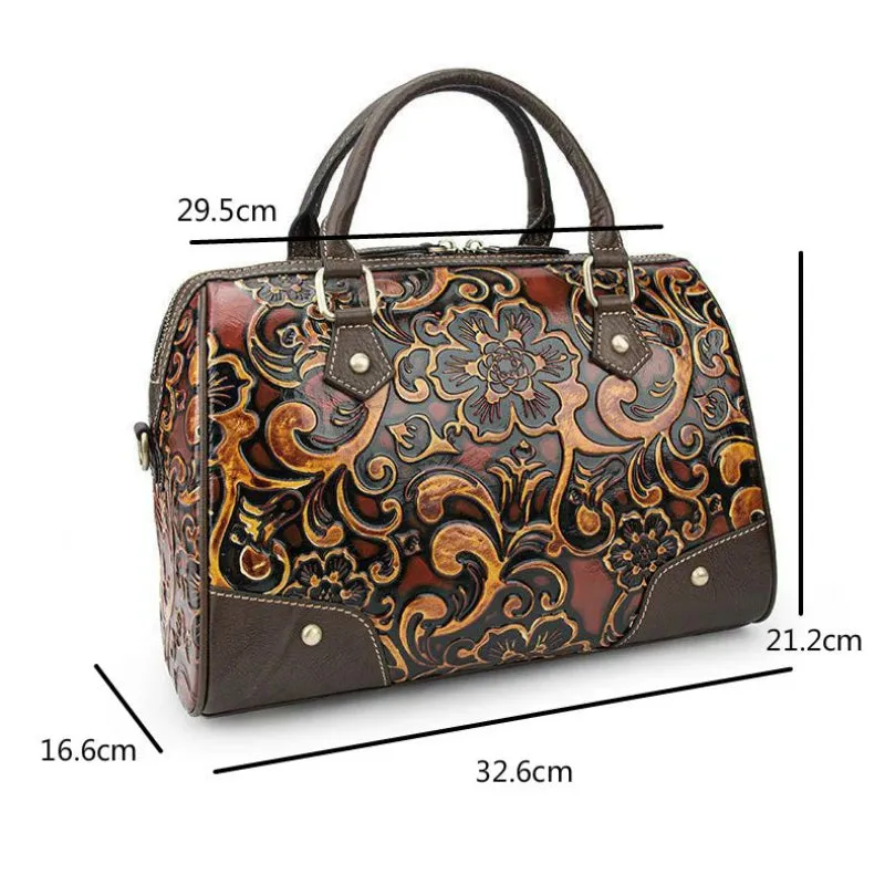 Motaora Luxury Handmade Genuine Leather Retro Floral Handbag.