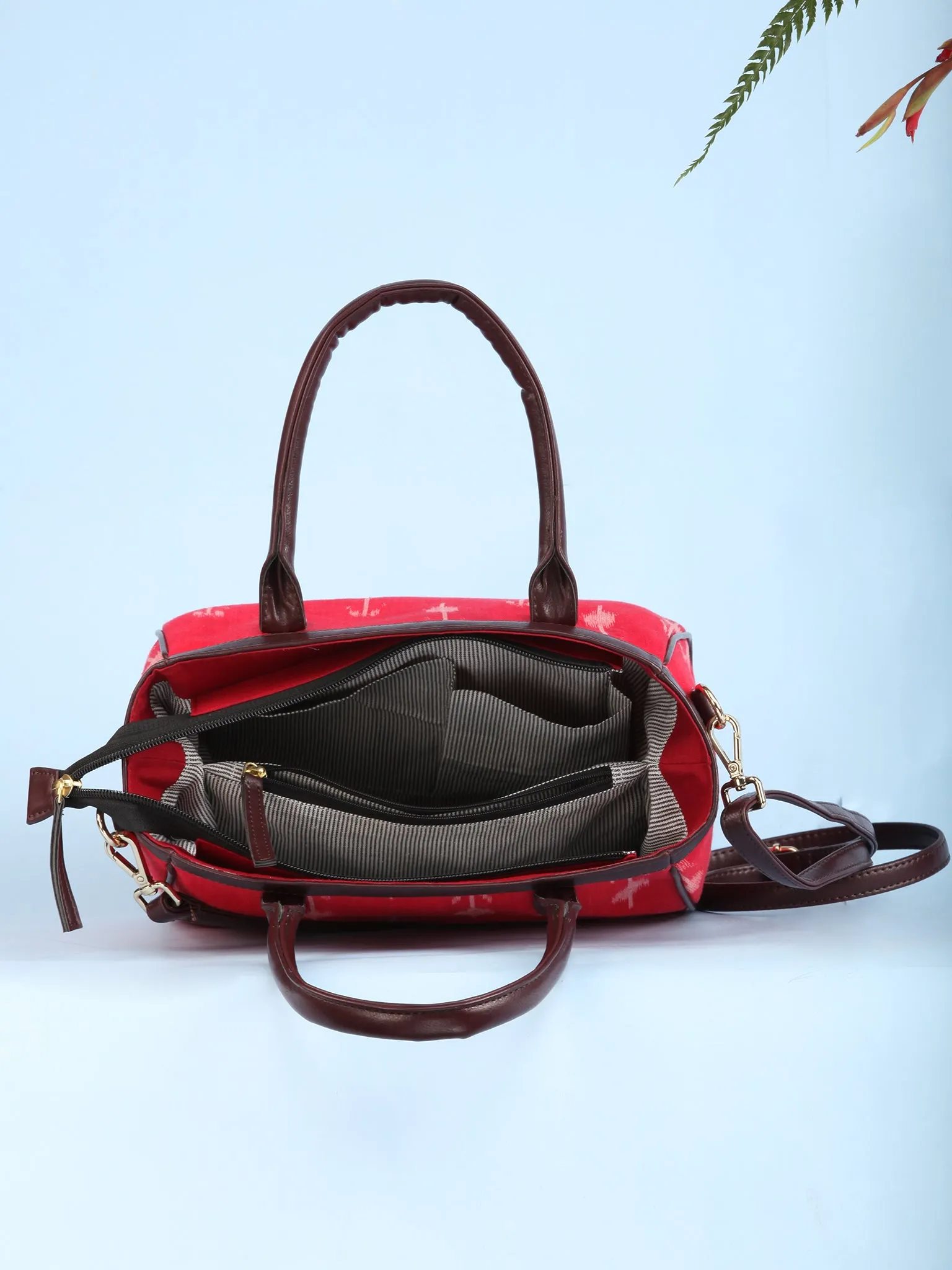 Red Ikat & Vegan Leather Bucket Style Hand Bag - B1501