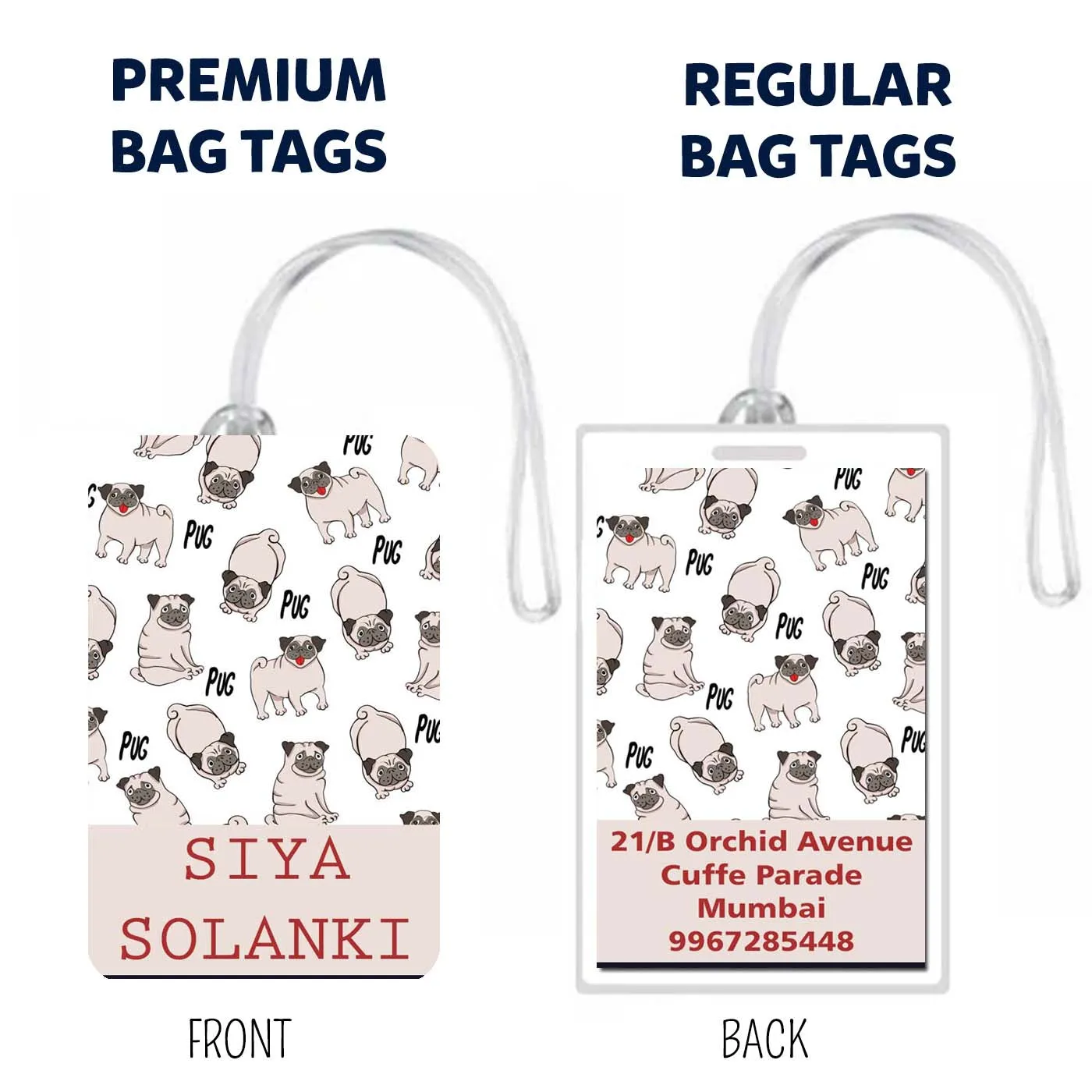 Set of 5 - Pugs Design Bag Tags