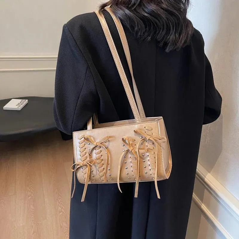 Small Shoulder Bags Bow Crisscross Studded Women Zipper Double Handles Tote Bag