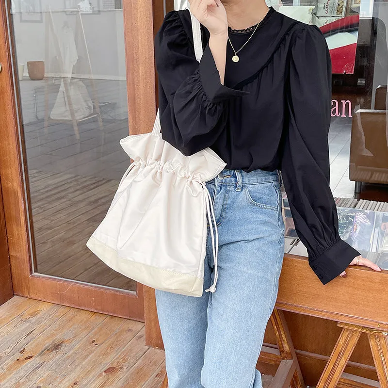 Sohiwoo Drawstring Large Capacity Tote Bag Durable Lightweight Shoulder Bag Practical Commuter Bag