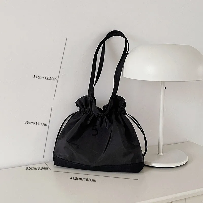 Sohiwoo Drawstring Large Capacity Tote Bag Durable Lightweight Shoulder Bag Practical Commuter Bag
