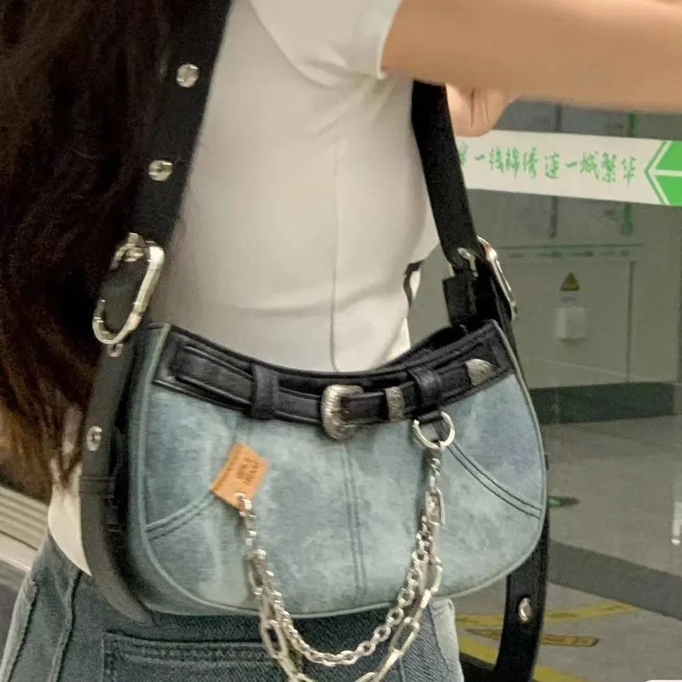 Sohiwoo Retro American Fashion High Capacity Handbag Denim Fabric Women's Bag Handbag Pocket Large Capacity Boston Crossbody Bag