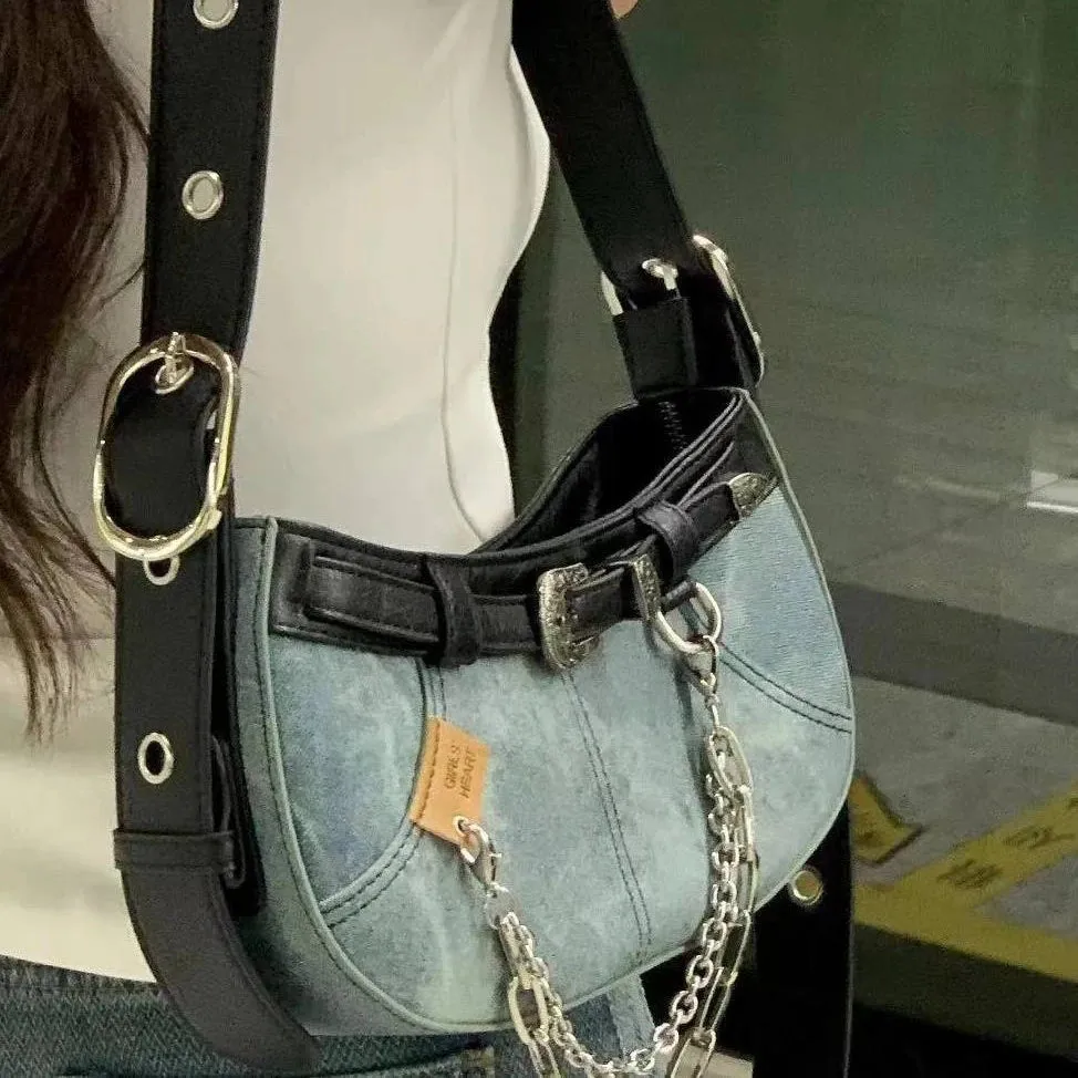 Sohiwoo Retro American Fashion High Capacity Handbag Denim Fabric Women's Bag Handbag Pocket Large Capacity Boston Crossbody Bag