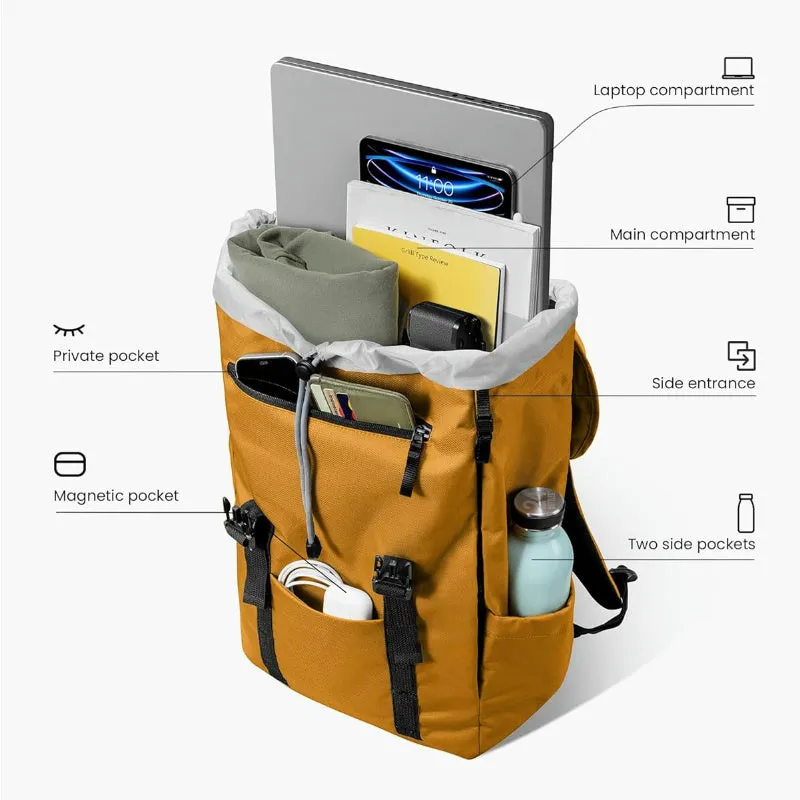 Tomtoc Flap Backpack | 17L Lightweight, Water-Resistant | Fits 13-16" MacBook | Yellow & Black