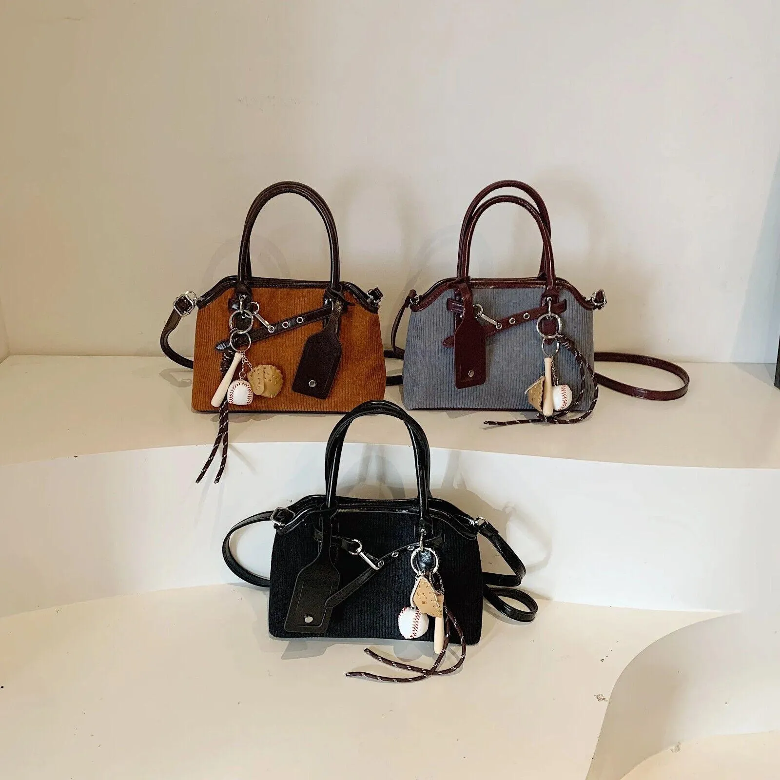 Tote Bags Small Small Corduroy Leather Patchwork With Rope Tassel Accessories