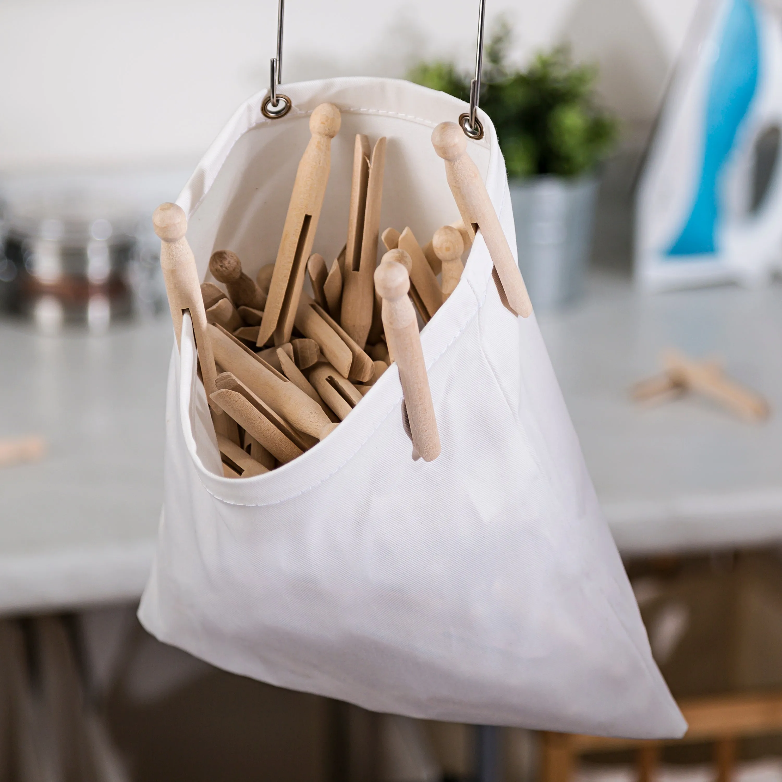 White Cotton Clothespin Bag with Metal Hanger